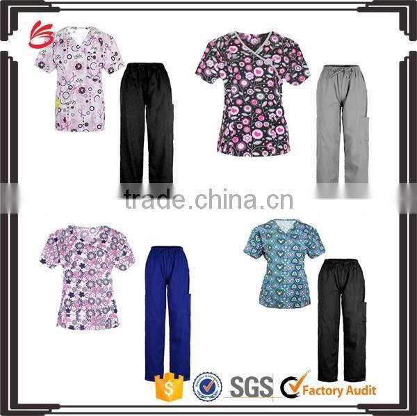 Printed medical workwear mock wrap unifrom set oem service supply