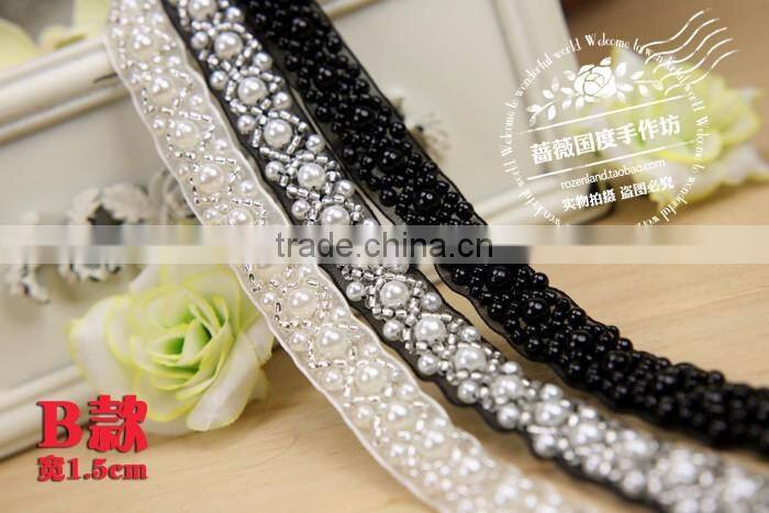 Handmade diy clothing collar accessories 1-3cm black white pearl decorative beaded lace trim