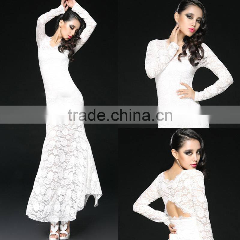 hot selling new designed long sleeve lace evening gown back open ladies bodycon design long sleeve lace evening gown
