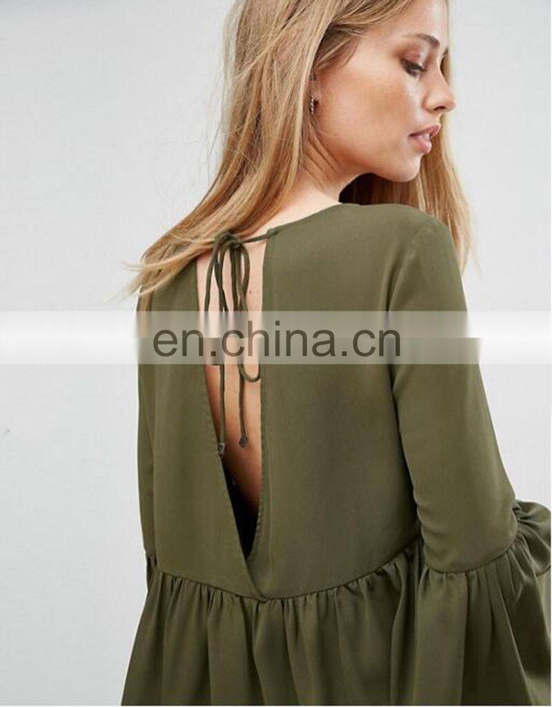 New design chiffon flared sleeves woman blouse tie V-back girl top
