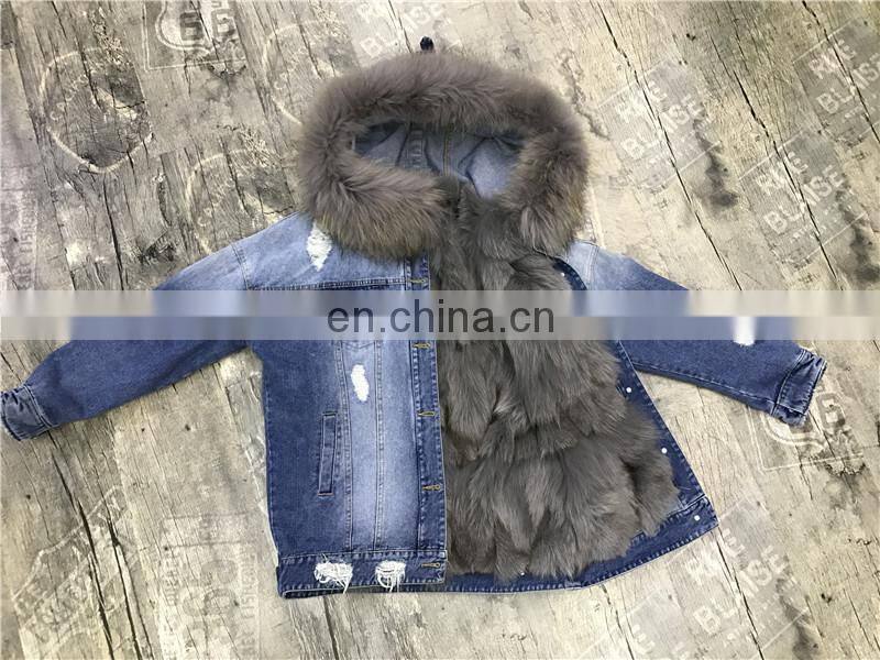 2017 Fashionable Women Winter Real Fox Fur Lined Denim Parka Real Fur Jacket Raccoon