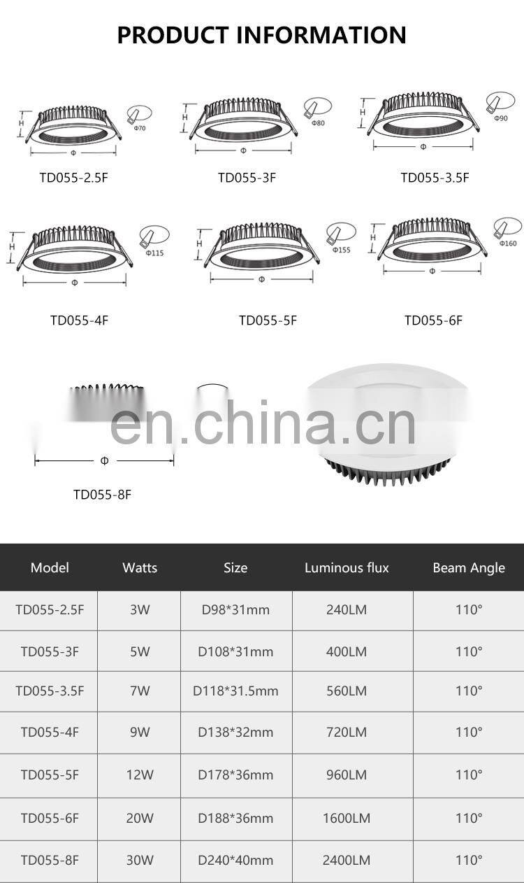ALLWAY Top Quality Die Casting Aluminum Room 3W 5W 7W 9W 12W 20W 30W Led Downlight Recessed