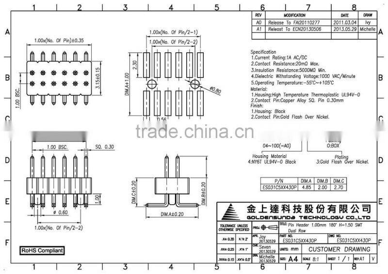 Pin Header 1mm Pitch Board to Board Connector BTB