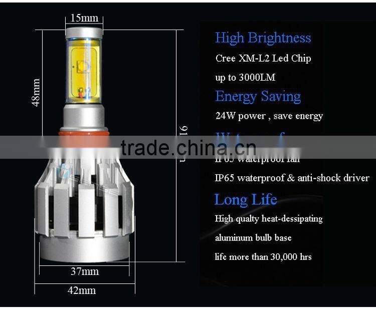 Car LED XM-L2 Headlight DC 12V 2000lm 9005 Headlight with Yellow Cover