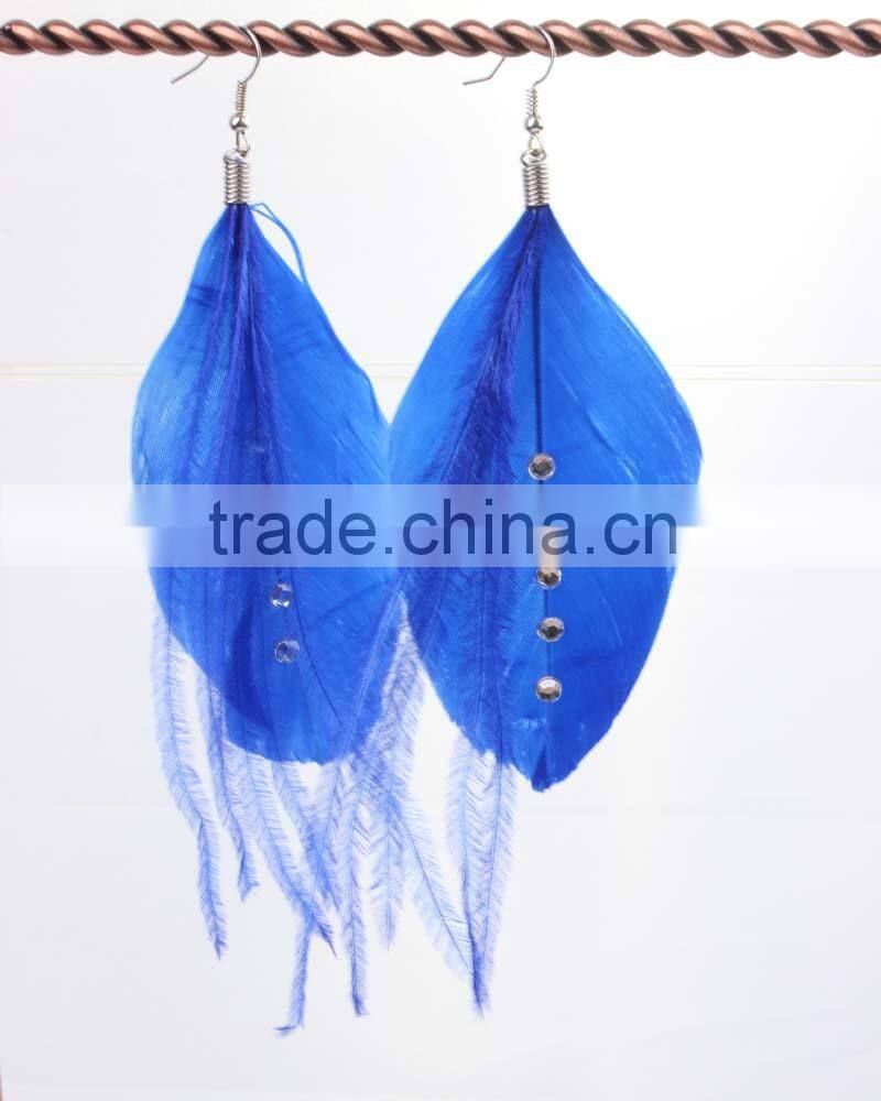 Sky blue Long feather earring with cheap feather dangle drop earring for girls wholesale