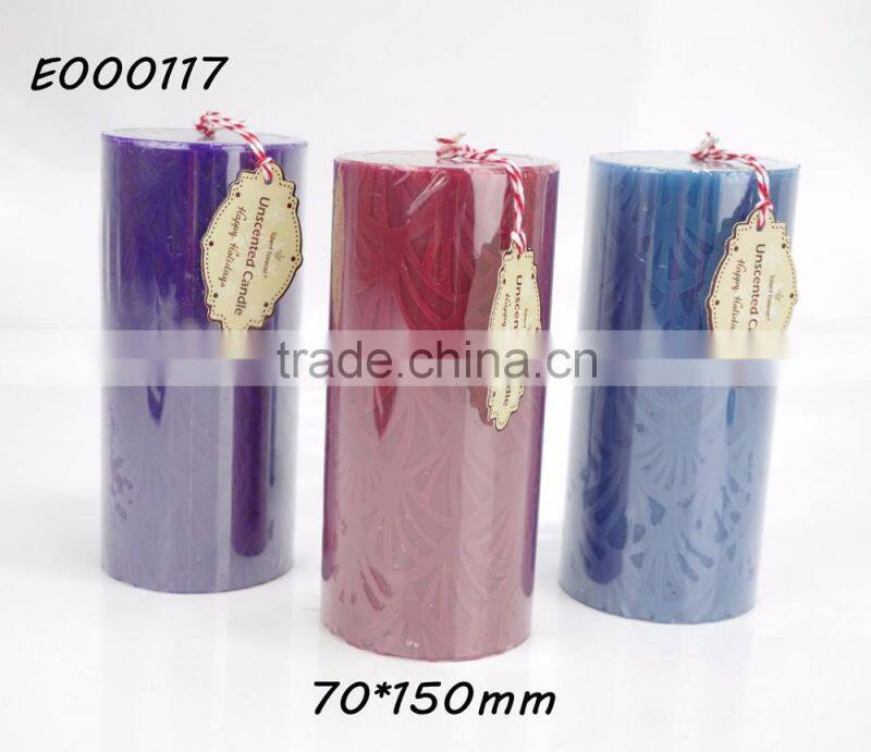 Leaves embossed pillar candle with falt top home decarative no incense pillar candle
