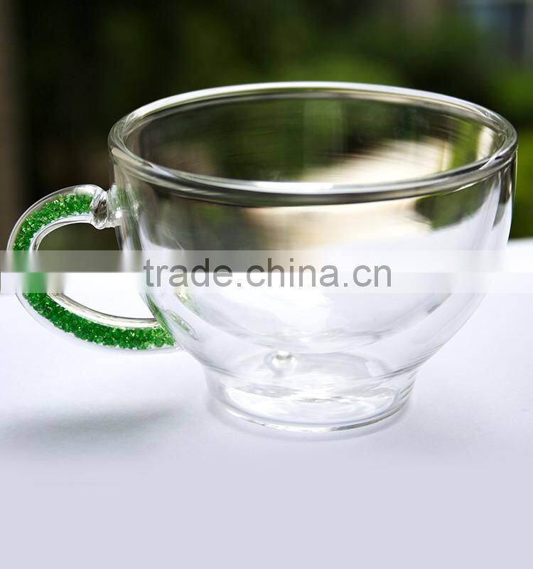 Multi-function thin glass tea cup heart shaped tea cup tea cup with logo with logo with blue diamond green shank unique style
