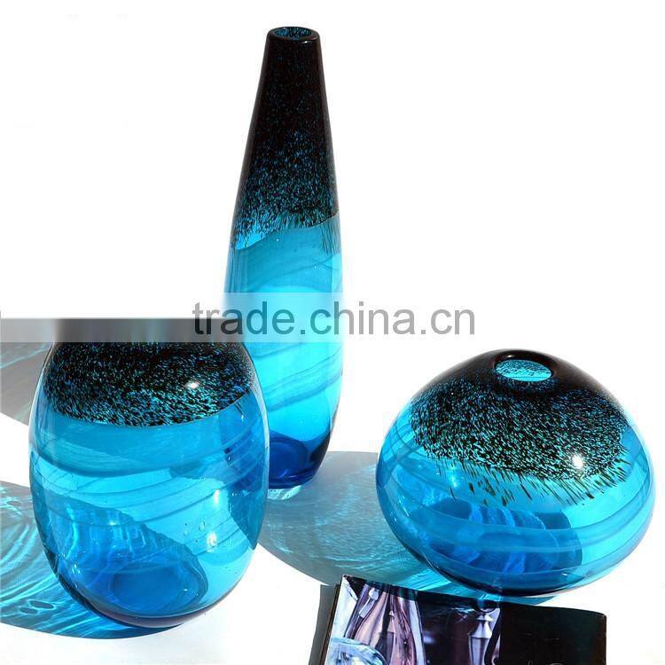 Mouth Blowing Sea Blue Color A Set Of Art Mediterranean Style Glass Vase For Centerpieces Wedding