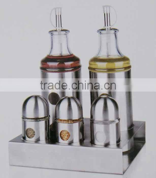 shining stainless steel coated glass cruet with metal rack