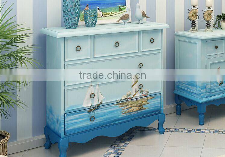 Mediterranean Style Chest of Drawers, Sailing Boat Handpainting Storage Cabinet, Solid Wood Living Room Cabinet (BF01-X1153)