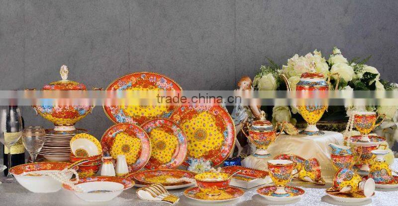 Chinese style traditionl red color flowers pattern 43pcs bone china dinnerware set