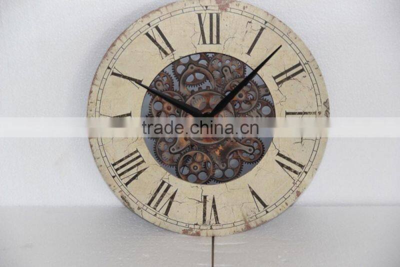 antique metal mirror clock with wheel gear decor
