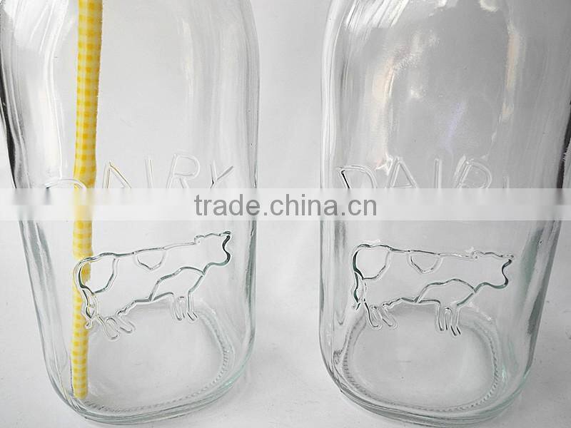 cow embossed circleware glass beverage milk bottle with metal cap