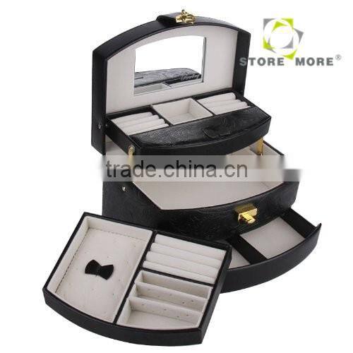 Black Pu Leather Jewelry Box Jewelry Case Jewelry Storage Organizer with Lock And Mirror