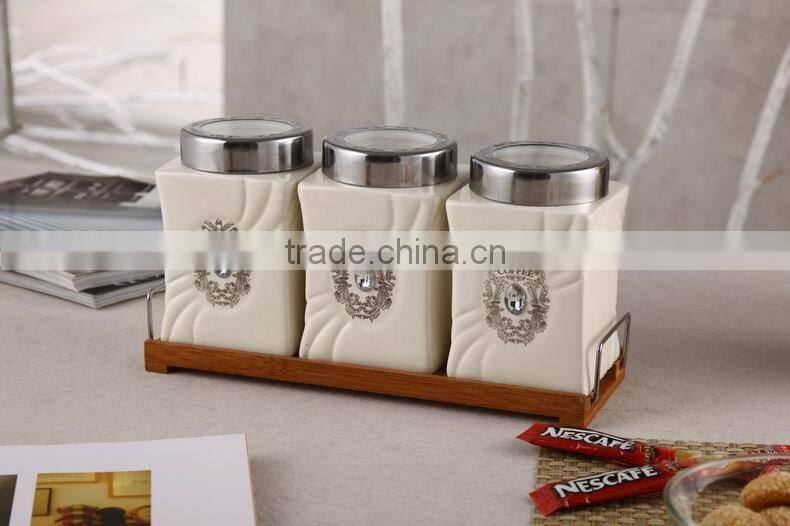 ceramic porcelain canister set,ceramic tea sugar coffee jar, ceramic canister,airtight canister with bamboo lid