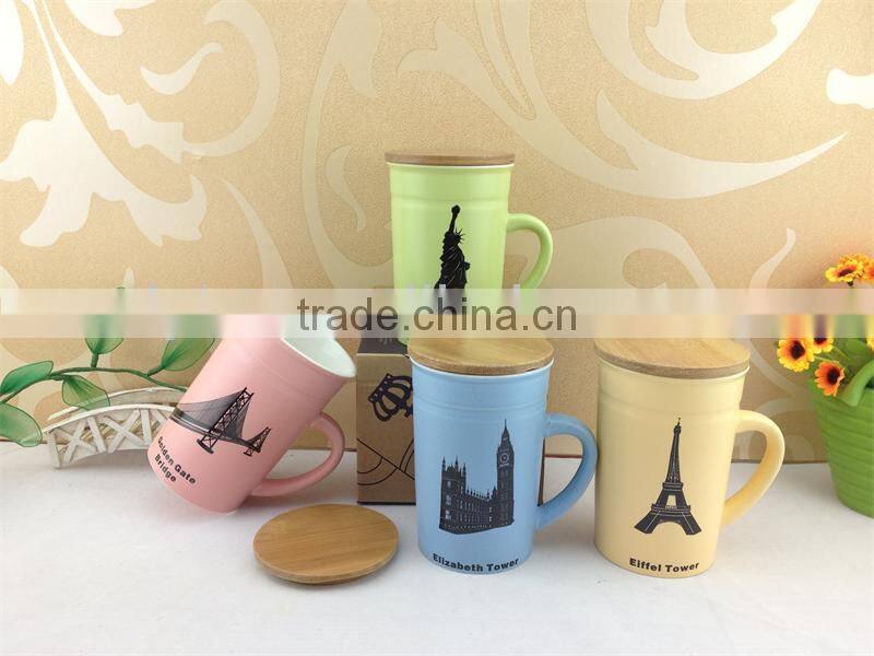 color glazed ceramic souvenir mug with bamboowood lid