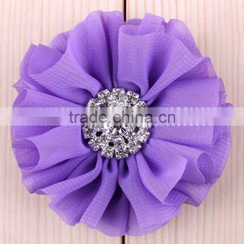 fabric chiffon flower with rhinestone center for kids hair accessories