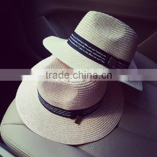Metal standard British wind spring/summer days pure color printing letters straw hat female temperament sunshade little hat