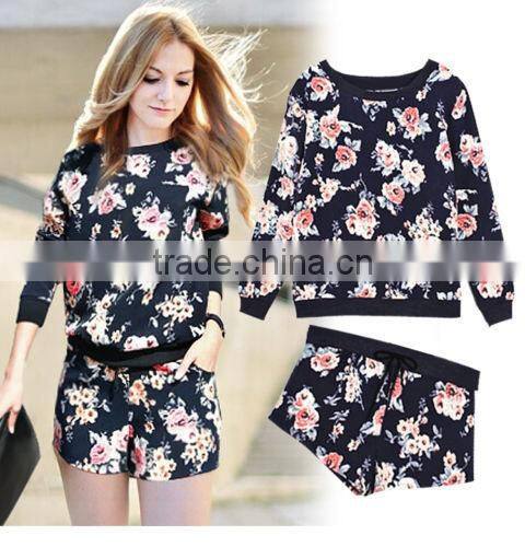 New Winter Women Brand Fashion Long-sleeved Tops + shorts Floral track suit