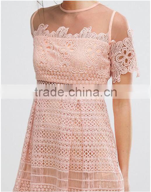Guangzhou Clothing OEM Fit-and-flare Style Crocheted Nylon Keyhole Back Formal Dress
