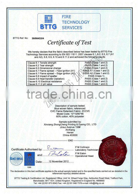 100% cotton flame retardant satin drill fabric 32/2*10/108*56