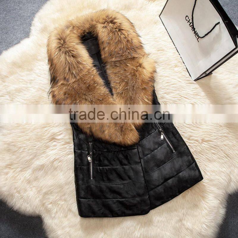 2016 Europe hot sale latest design winter sheep leather with faux fox fur collar vest fashion warm woman vest