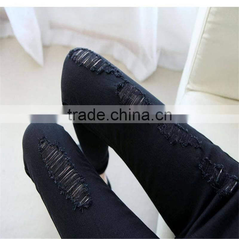 New Women's Fashion Straight Jeans Ripped Holes Female Long Term Mid Waist Cotton Washed Denim Pants