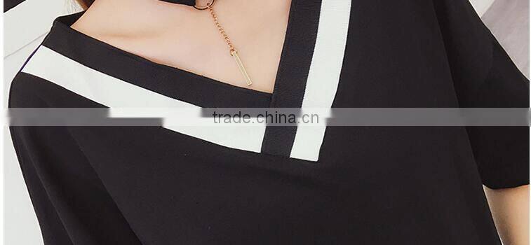 College summer wind pure color cotton T-shirt dress easing students v-neck with short sleeves