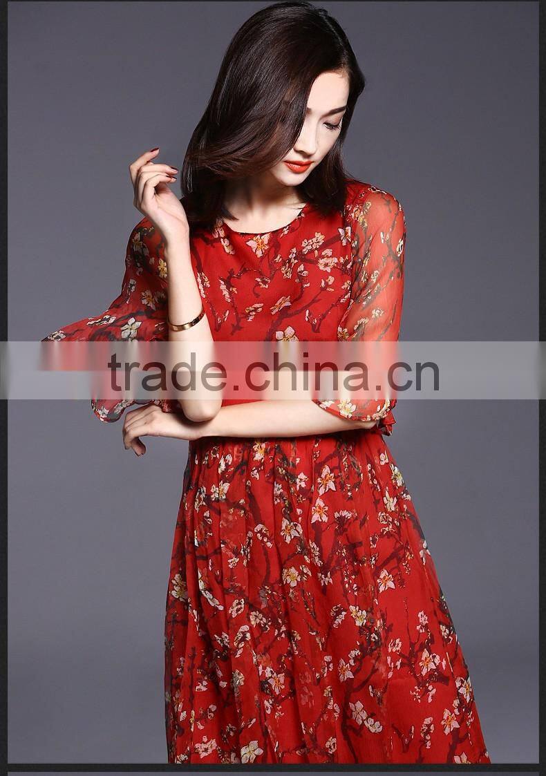 high quality real silk half sleeve round neck printed summer long dress latest dress designs