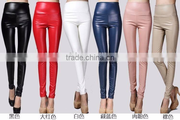 wholesale plain womens tight pants/sexy faux leather high waist leggings stretch PU pants laides skinny trousers