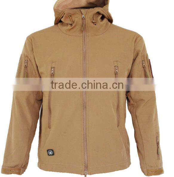 wholesale mens khaki multi pocket softshell jacket with connected hood