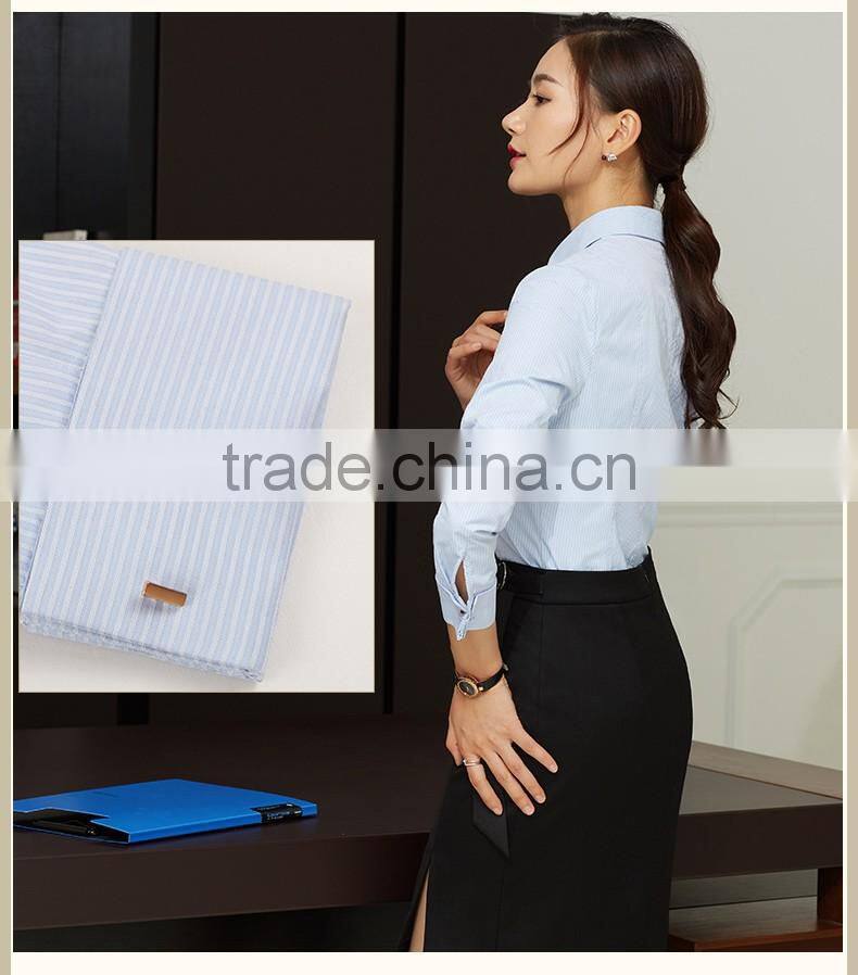 Women fashion spring elegant light blue stripe blouses long sleeve shirt work office wear casual slim tops Office 2017