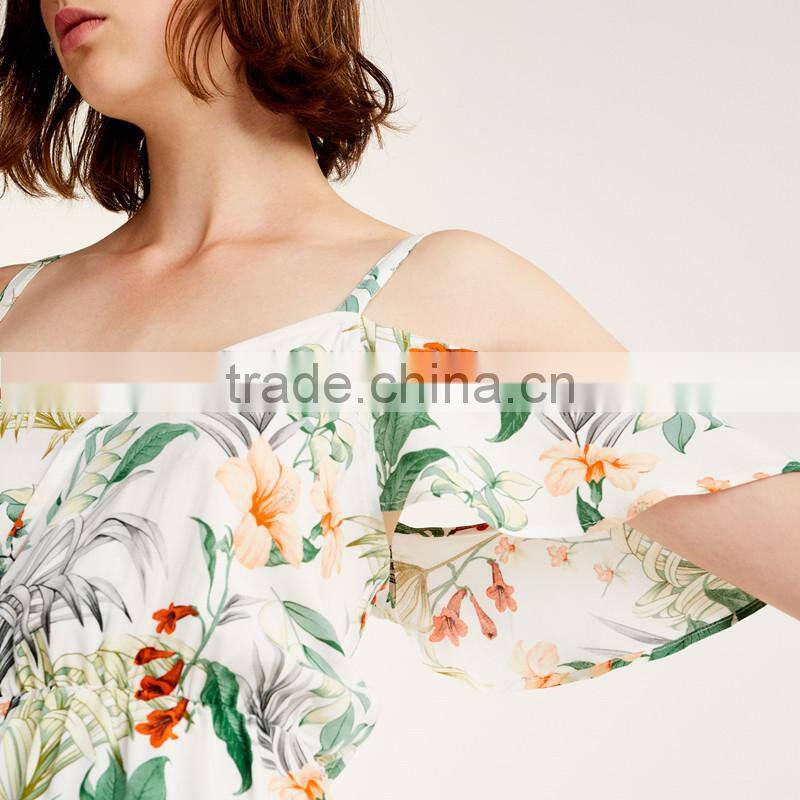 2017 sexy V-neck and bare shoulder ladies short floral printed jumpsuit