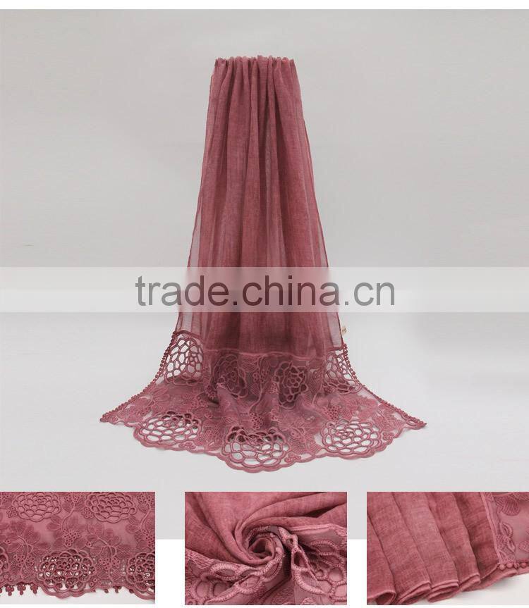 New fashion concise style plain dyed linon viscose thin flower lace trim ribbon hijab scarf