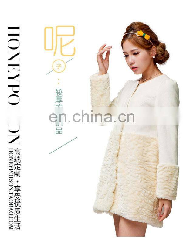 2014 Korean style white midi pattern woollen rabbit fur coat