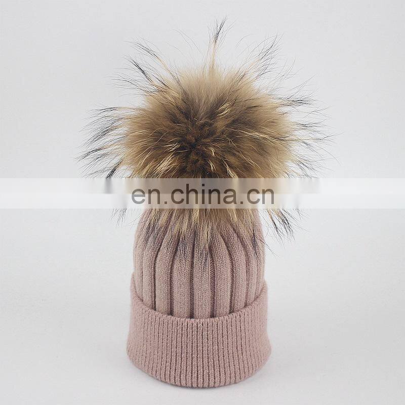 Top Quality Big Fur Pom Pom Kids Hats Raccoon Fur Balls Baby Knitted Hat
