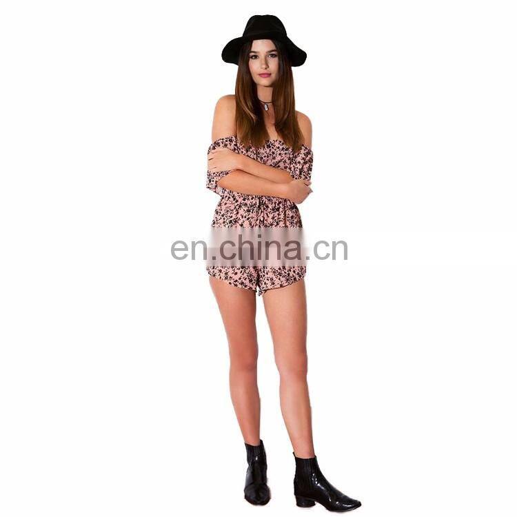 Wholesale Custom Loose Fit Floral Print Ladies Jumpsuit Off Shouler Romper Playsuit For Women