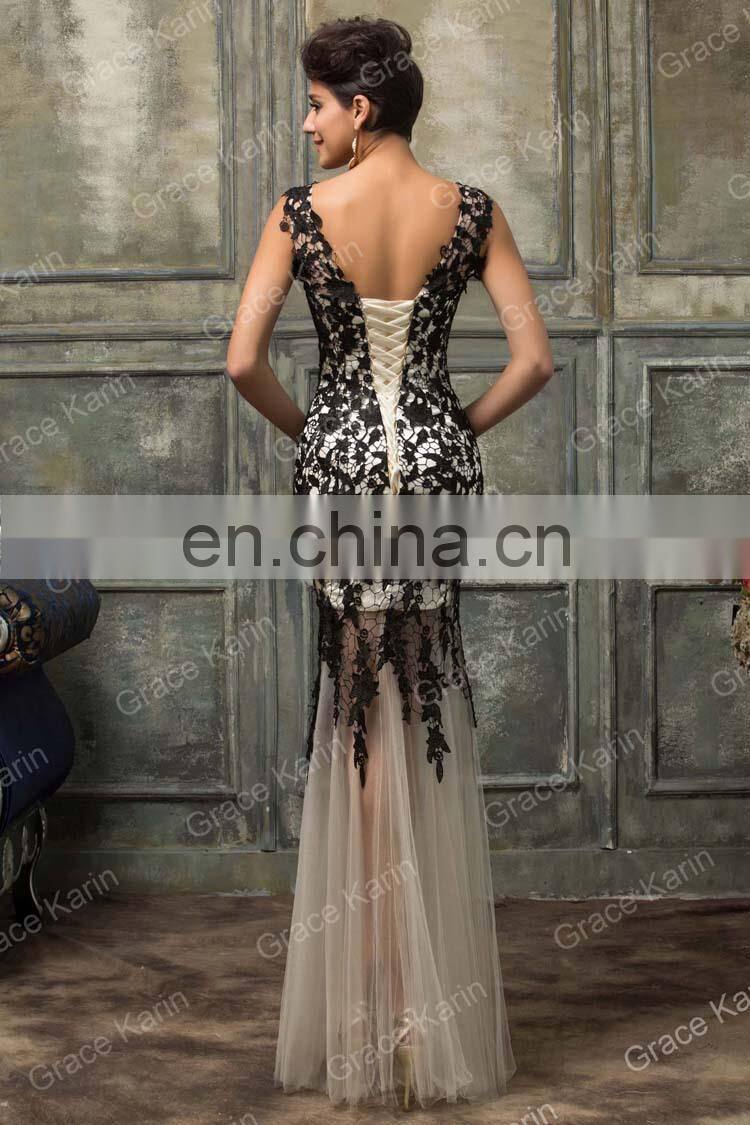 New Arrival Grace Karin Sleeveless Fashion Lace Red Black Mermaid Prom Dress CL007588-1