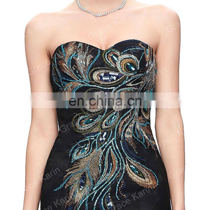 Grace Karin Full-Length Strapless Sweetheart Black Mermaid Peacock Prom Dress GK000080-1