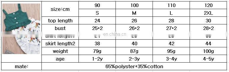 2019 new summer girls green buttons tops & floral full print dress skirt 2pc set