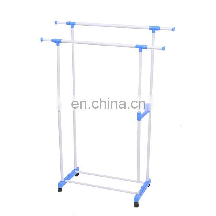 Telescopic sliding non punching clothes hanger iron double pole clothes hanger with wheels