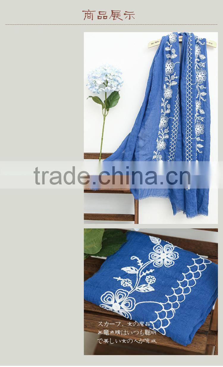 New Style Soft Long Cotton Flower Embroidery Hijab
