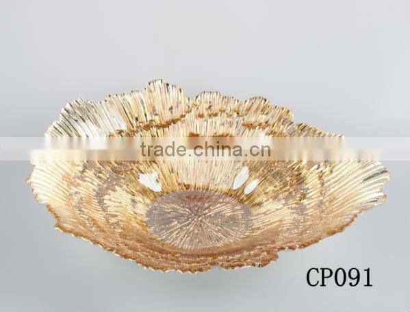 Gold leaves pattern clear glass decorative plate with stand