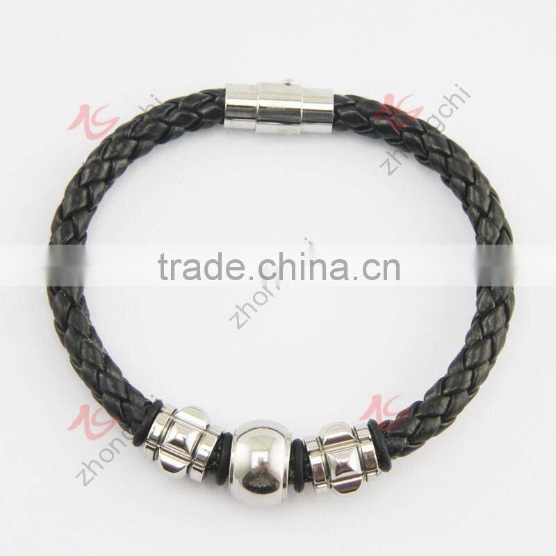 stainless steel magnet clasp with green leather braided cuff bangle