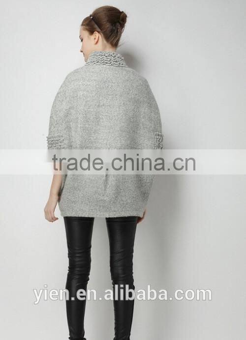 Fashion Gray Knitted Coat Ruffles Neck And Sleeves Knitted Coat