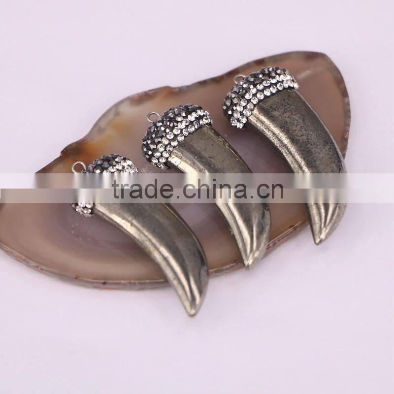 Hematite Pendant, with Pave Crystal Zircon Gem stone Pendant, Horn Pendant, Jewelry Making