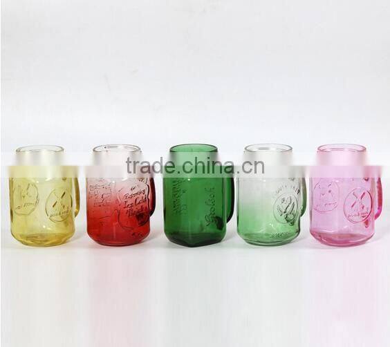 Colorful glass mason jar with emboss logo and lid