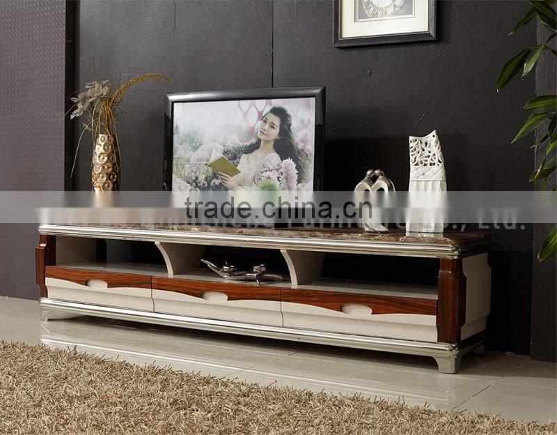 Classic wooden led tv stand furniture with showcase marble top