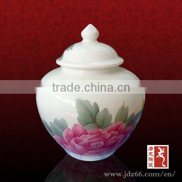 Blue and white cheap ceramic tea caddy with rice-pattern decorated ceramic