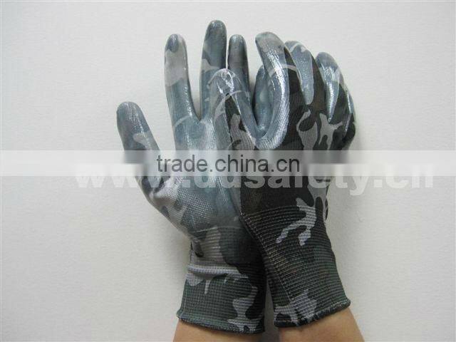 13G Camouflage Design Nylon Knitted White Nitrile Coated on Palm Safety Working Gloves